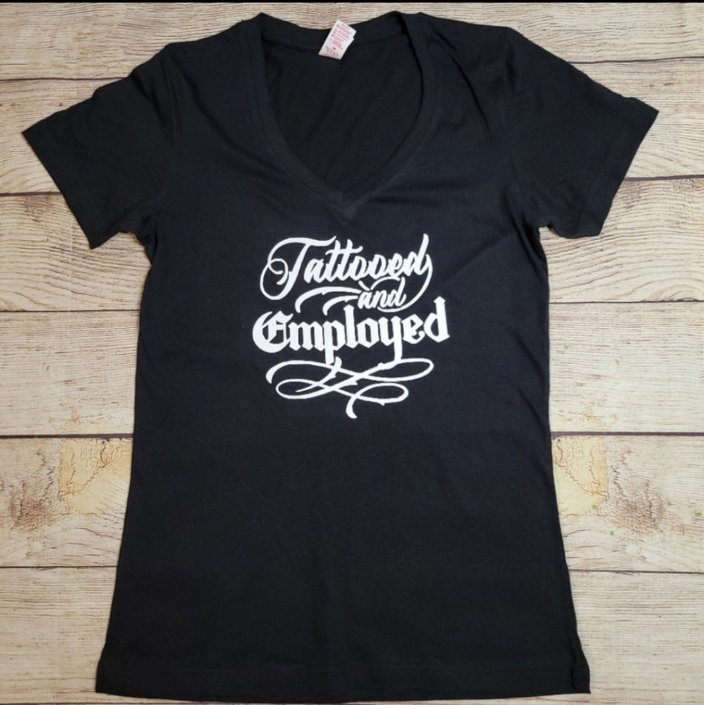 Tattooed and employed V-neck graphic tee shirt
